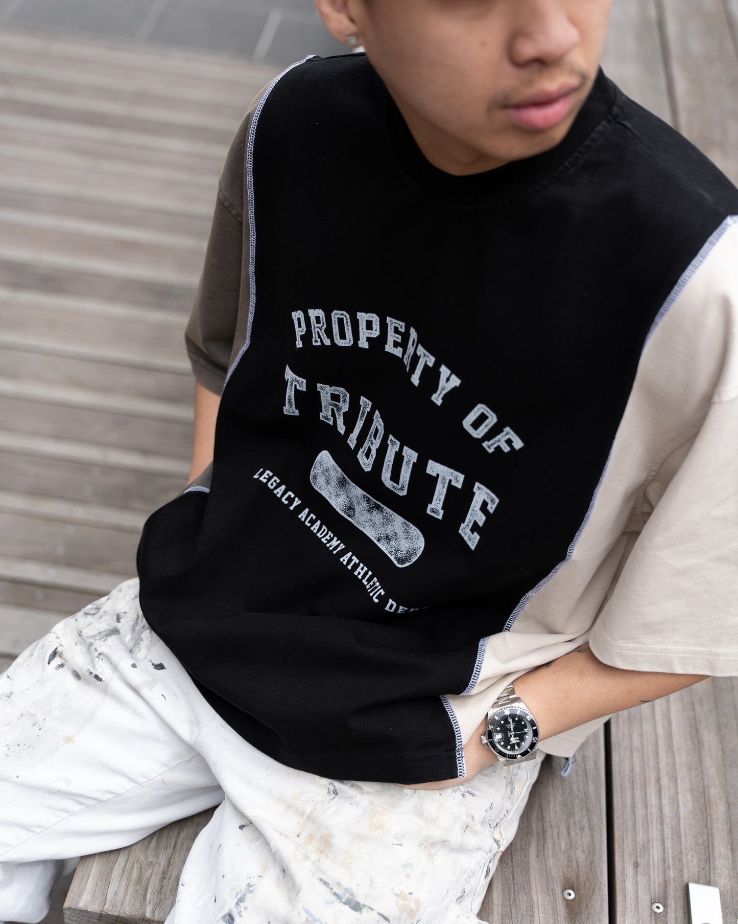 Tri-Color Panel Tee Black/Sand/Charcoal