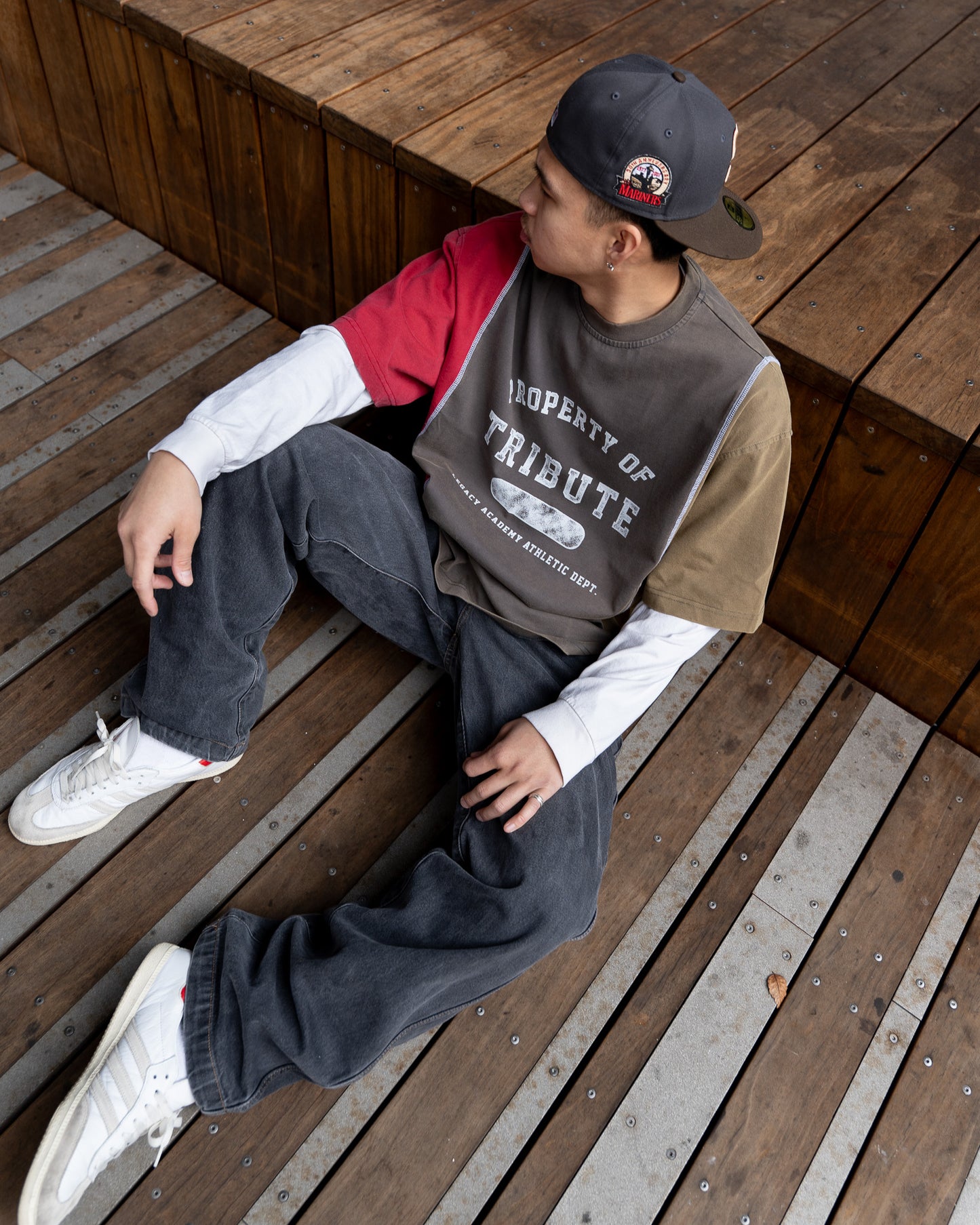 Tri-Color Panel Tee Red/Charcoal/Sage