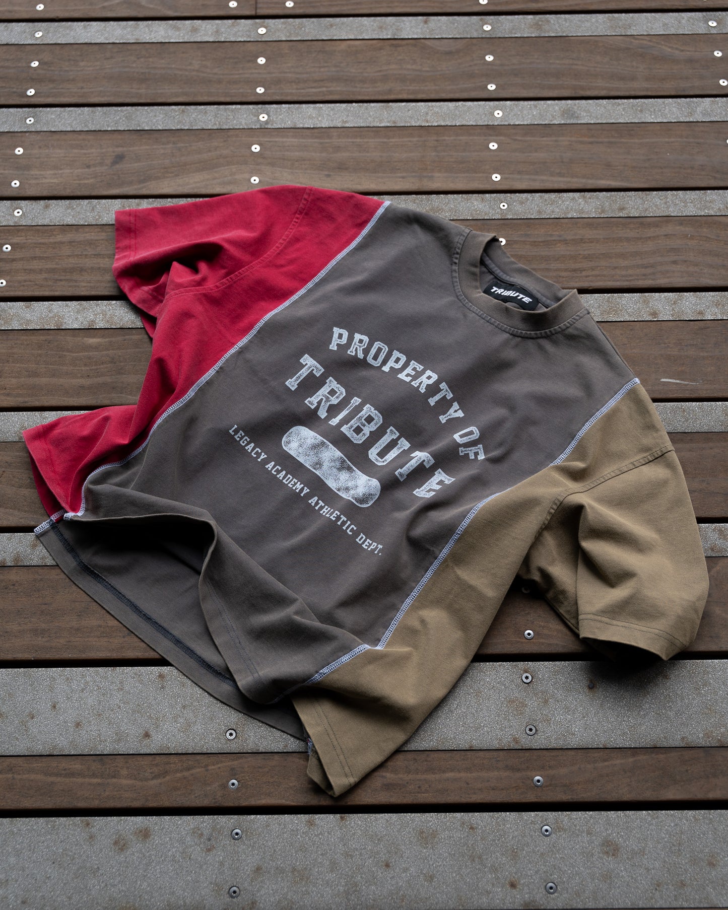 Tri-Color Panel Tee Red/Charcoal/Sage