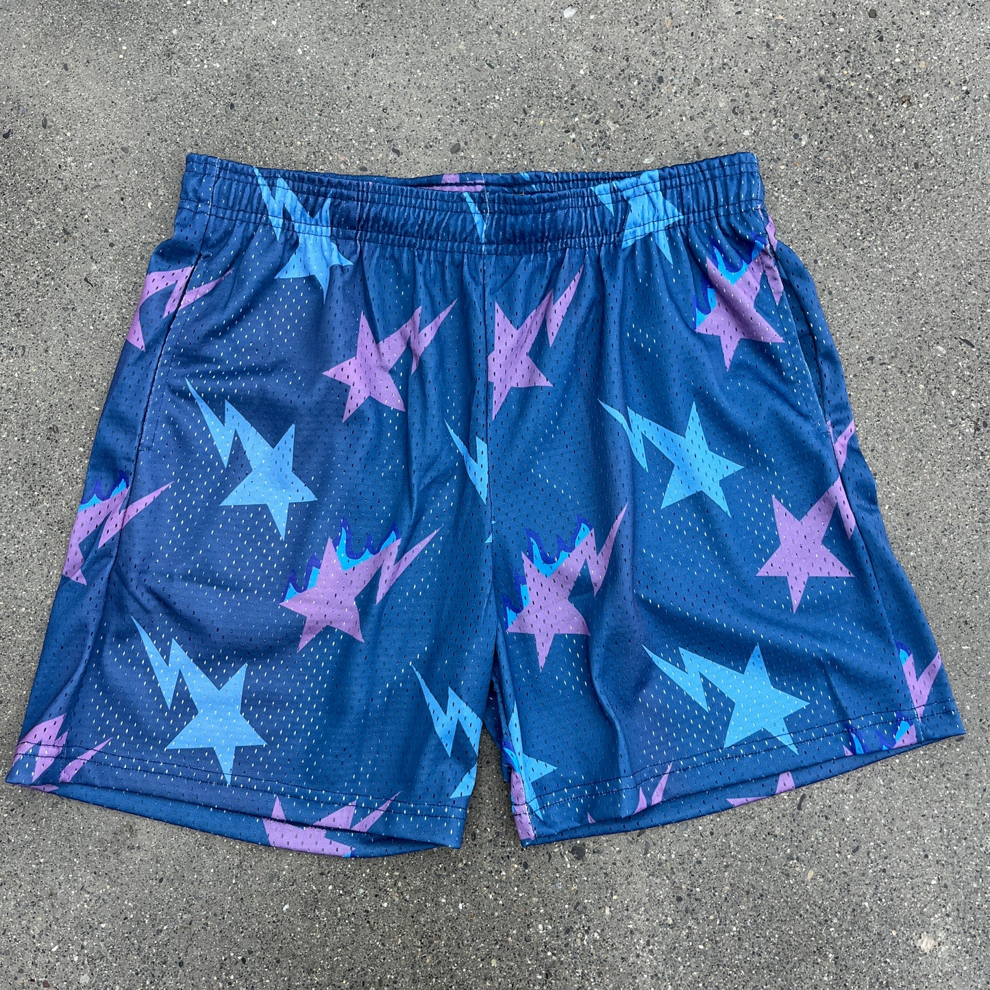Flaming Bape Stars Dark Blue Mesh Shorts