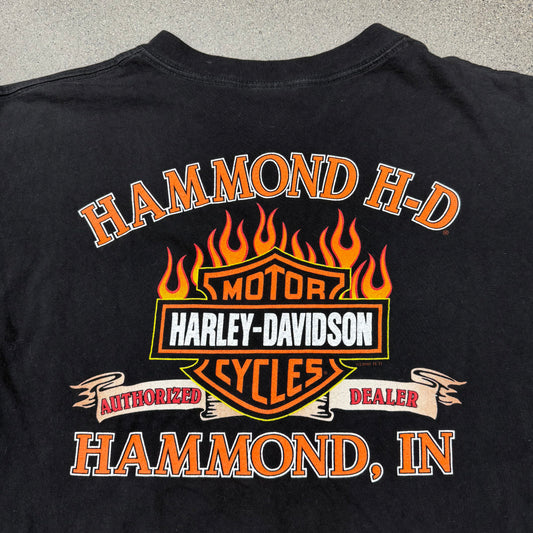 1998 Pocket Tee Harley Flame Back Hit Hammond Tee SZ XL