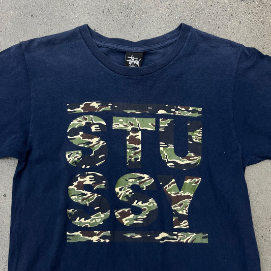 Stussy Camo Spellout Navy Tee SZ S