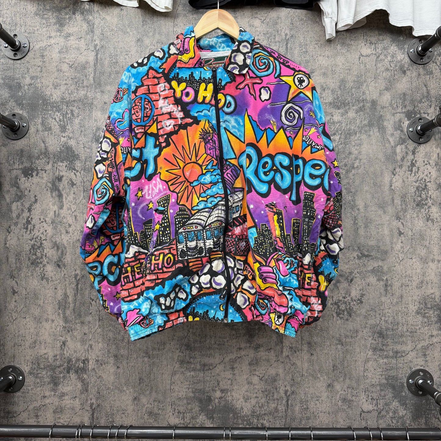 90s Retro Cityscape Abstract Hip Hop Full Zip Jacket SZ L