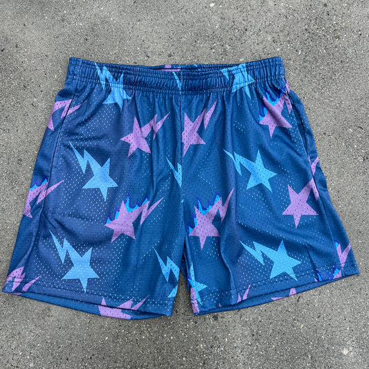 Flaming Bape Stars Dark Blue Mesh Shorts