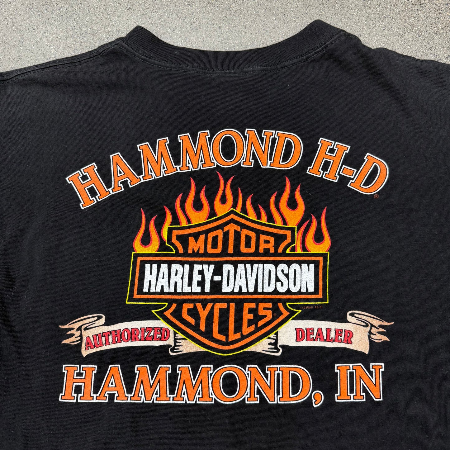 1998 Pocket Tee Harley Flame Back Hit Hammond Tee SZ XL