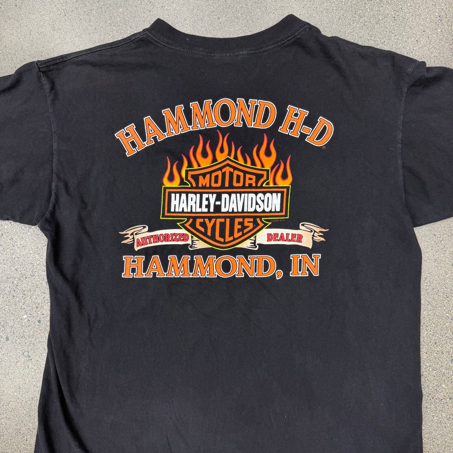 1998 Pocket Tee Harley Flame Back Hit Hammond Tee SZ XL