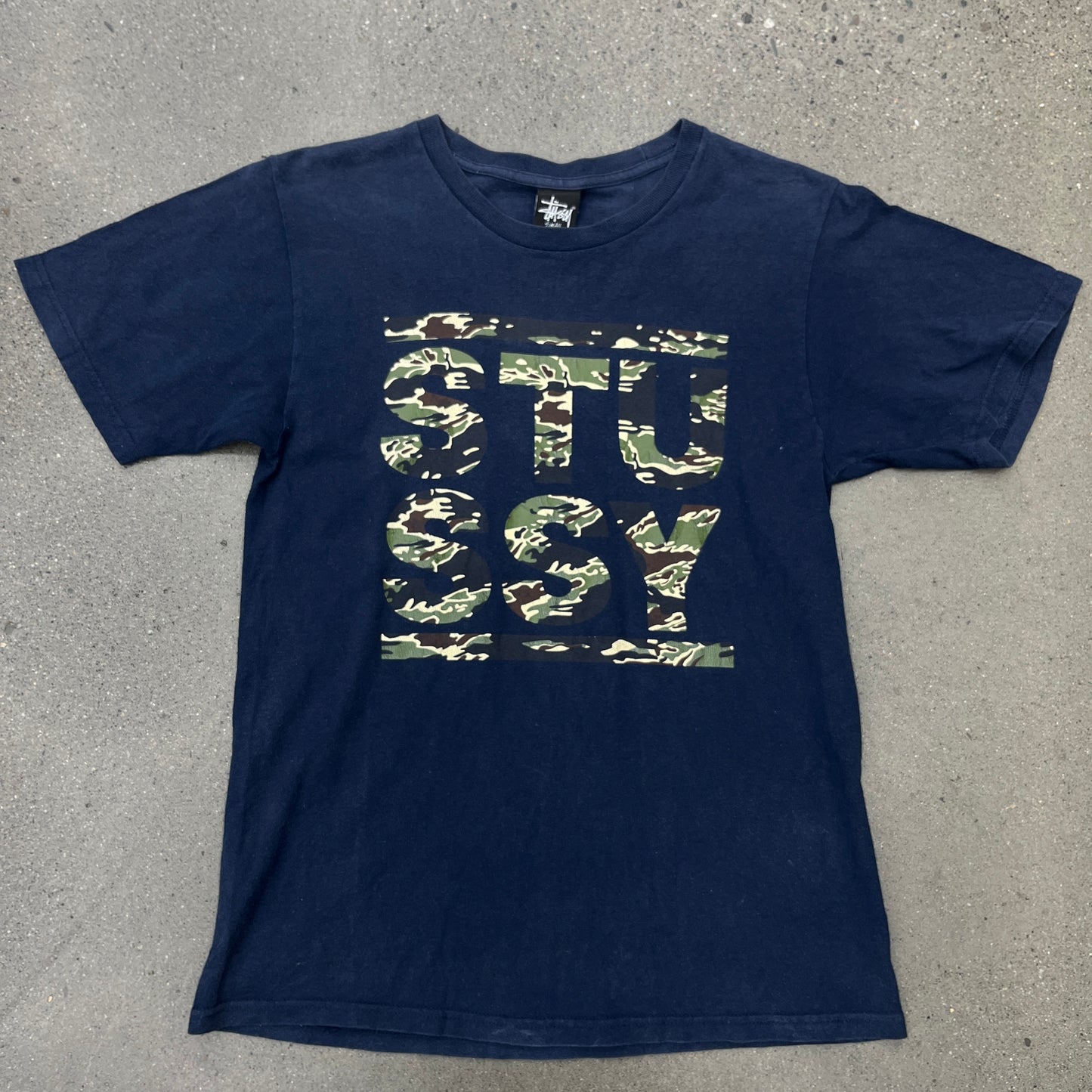 Stussy Camo Spellout Navy Tee SZ S