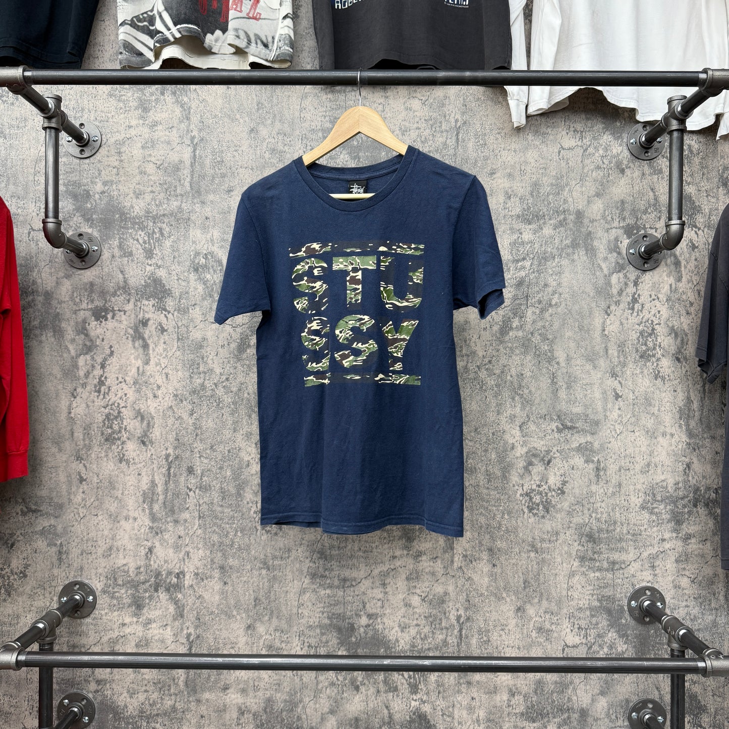 Stussy Camo Spellout Navy Tee SZ S