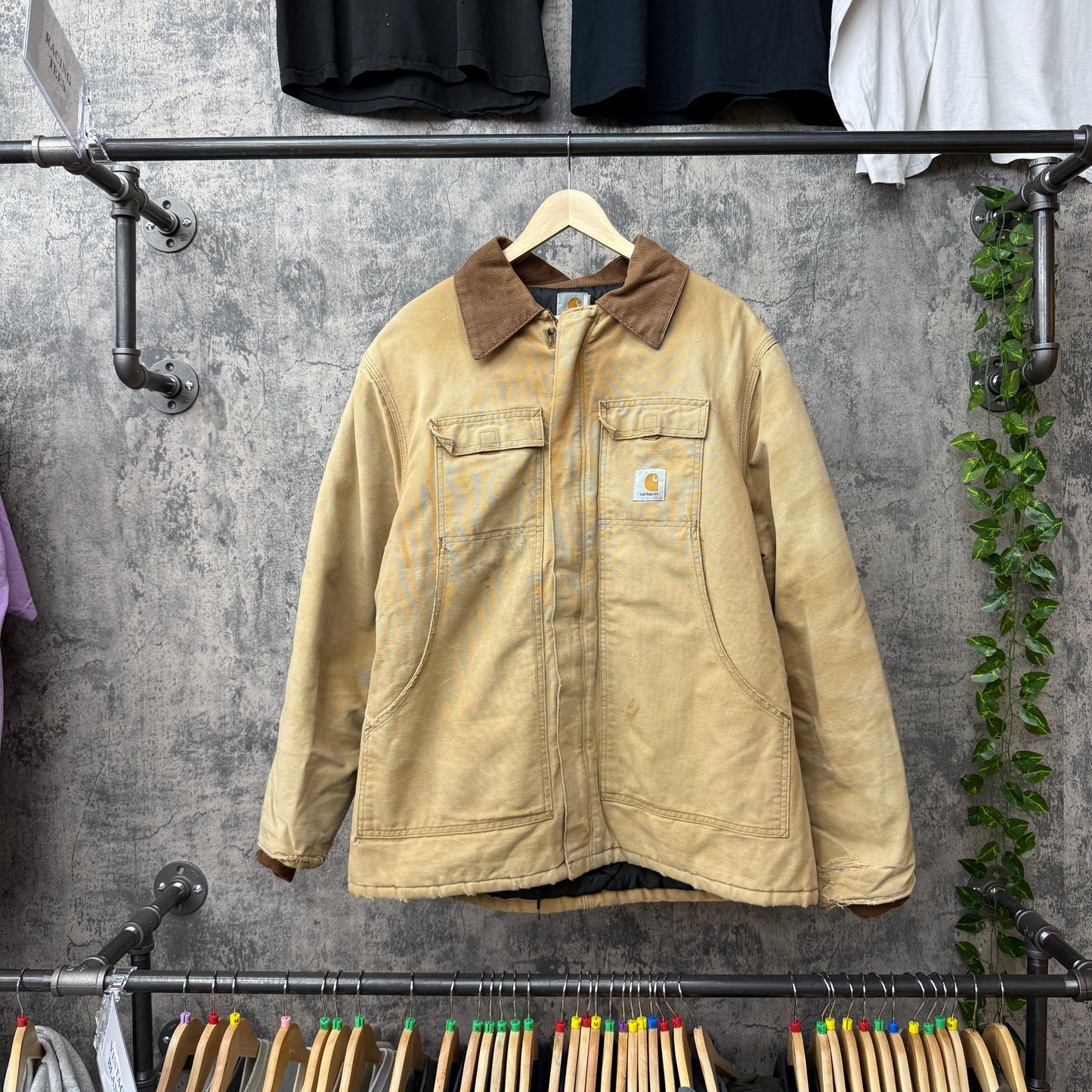 Carhartt Faded Cord Collar Distressed Tan Jacket SZ XL