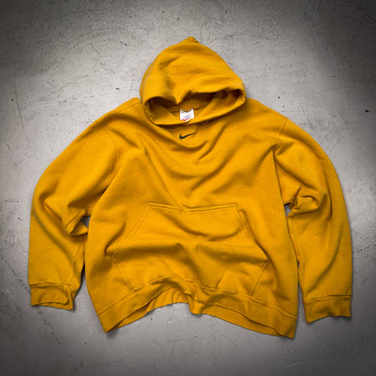 90s Nike Mustard/Forest Green Center Swoosh Hoodie (Size Large)
