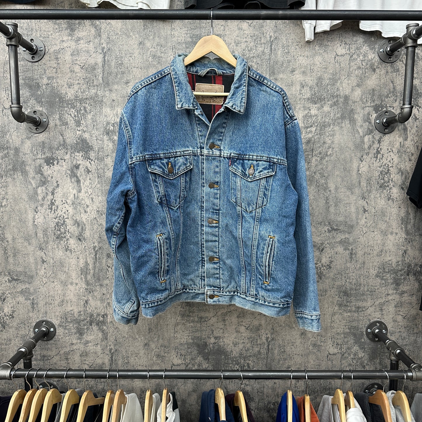 Levi Denim Jacket Plaid Lined Red SZ L/XL